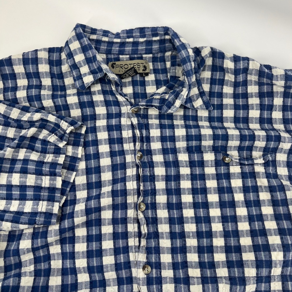 Vintage 90s Protest Clothing Blue Gingham Check‎ Shirt L Cotton Surf Skate Y2K